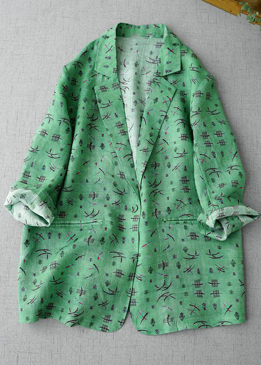 Green Notched Print Coats Long Sleeve Am1054