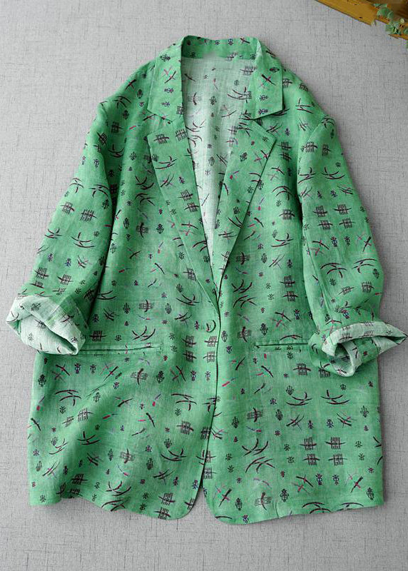 Green Notched Print Coats Long Sleeve Am1054