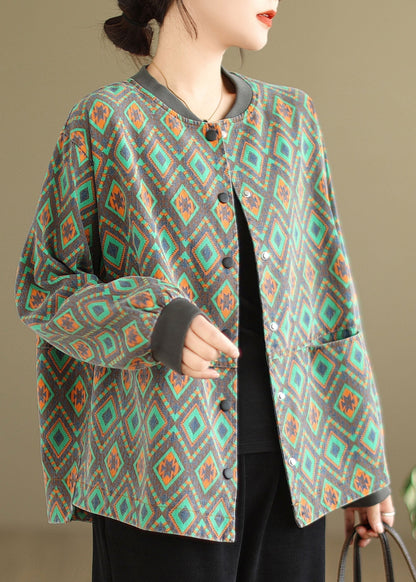 Green O Neck Pockets Print Denim Coat Spring Tj001