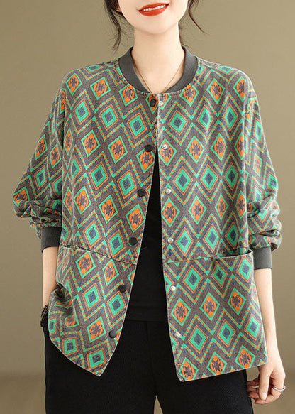 Green O Neck Pockets Print Denim Coat Spring Tj001