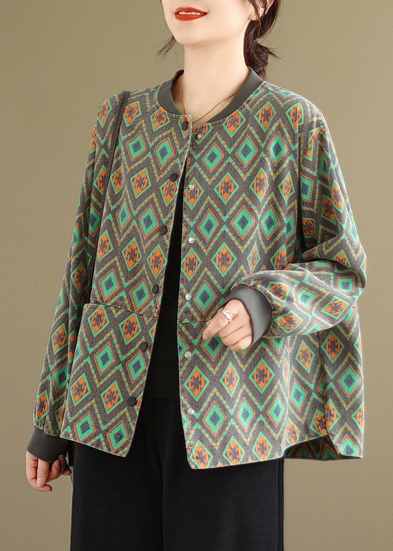 Green O Neck Pockets Print Denim Coat Spring Tj001