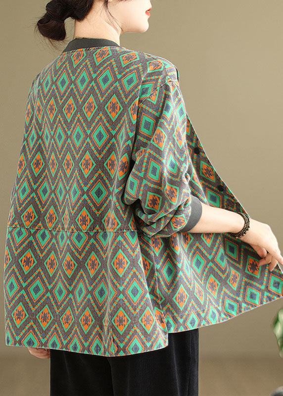 Green O Neck Pockets Print Denim Coat Spring Tj001
