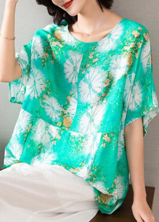 Green O Neck Print Patchwork Silk Blouse Top Batwing Sleeve Ti1053