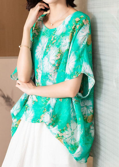 Green O Neck Print Patchwork Silk Blouse Top Batwing Sleeve Ti1053