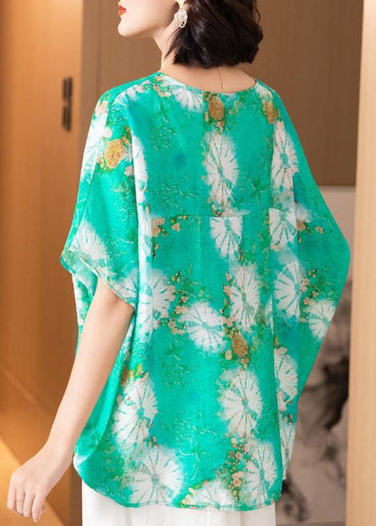Green O Neck Print Patchwork Silk Blouse Top Batwing Sleeve Ti1053