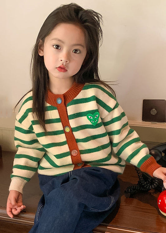 Green O-neck Striped Button Cotton Knit Kids Cardigan Winter Wl035