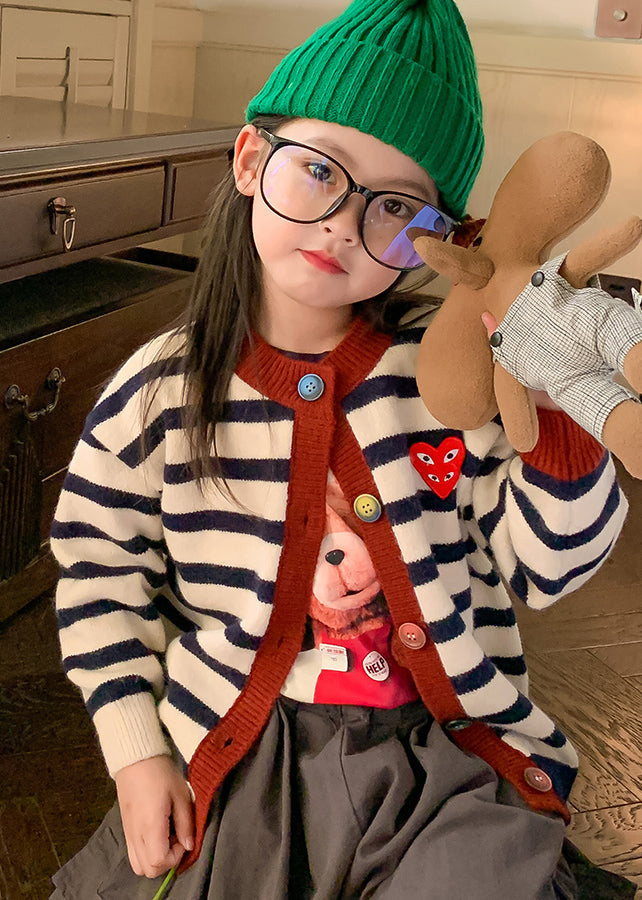 Green O-neck Striped Button Cotton Knit Kids Cardigan Winter Wl035