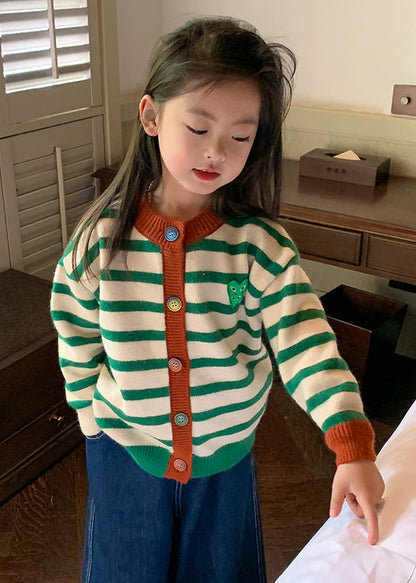 Green O-neck Striped Button Cotton Knit Kids Cardigan Winter Wl035