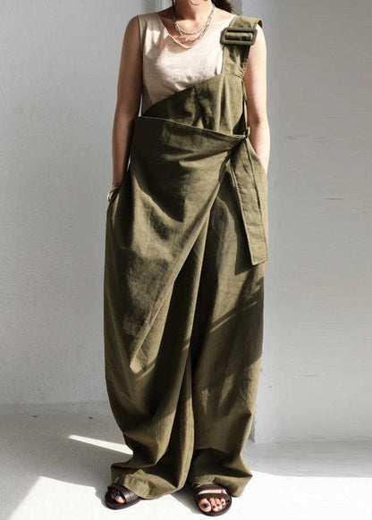 Green One Shoulder Pockets Cotton Strap Jumpsuit Summer Tl030