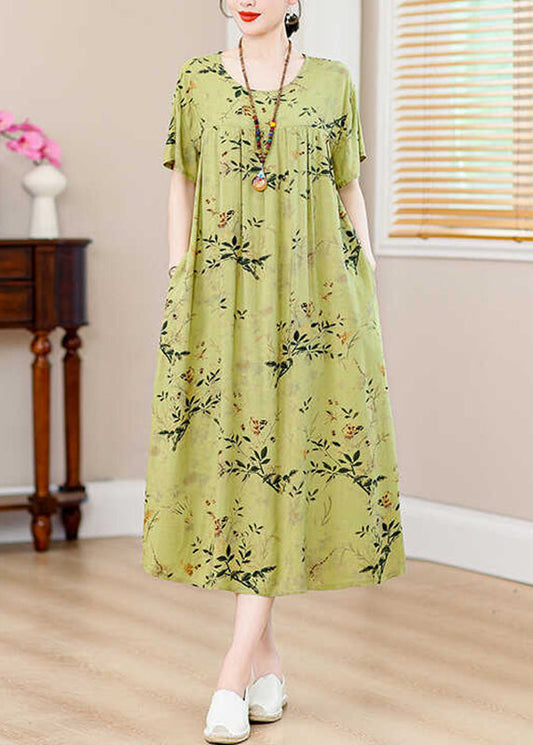 Green Print Pockets Silk Cotton Long Dresses Summer Qb013
