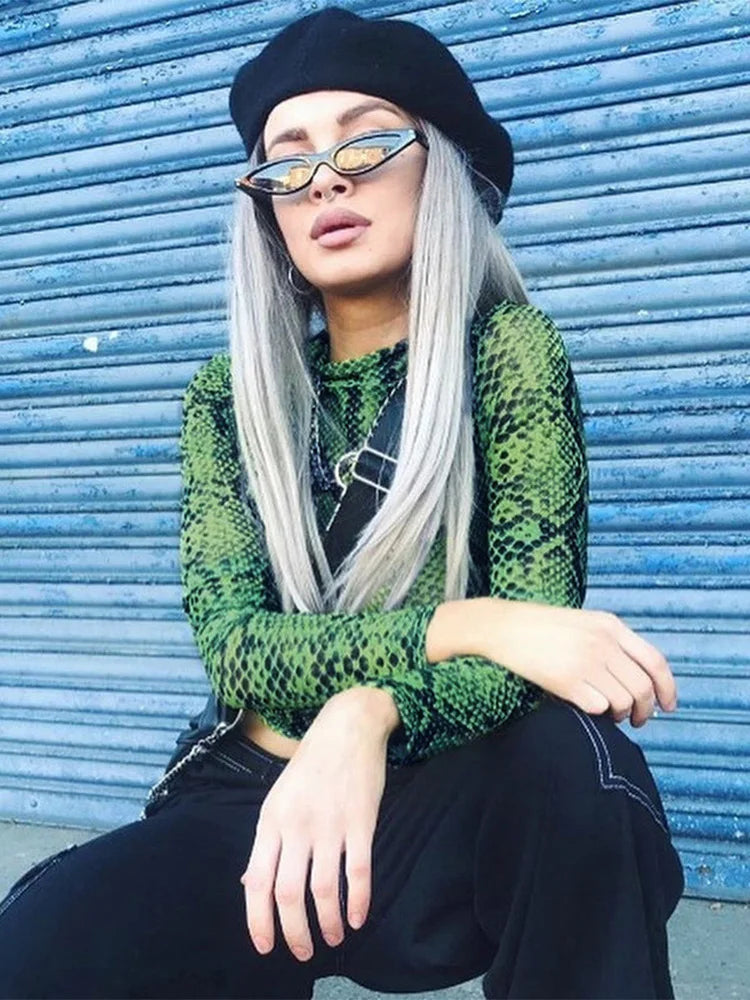 Green Snake Print T Shirt Mesh Top Long Sleeve Transparent Snakeskin Female T-shirt High Neck Crop Tops