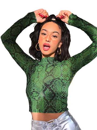 Green Snake Print T Shirt Mesh Top Long Sleeve Transparent Snakeskin Female T-shirt High Neck Crop Tops