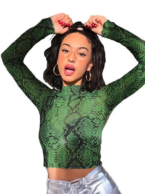 Green Snake Print T Shirt Mesh Top Long Sleeve Transparent Snakeskin Female T-shirt High Neck Crop Tops