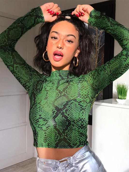 Green Snake Print T Shirt Mesh Top Long Sleeve Transparent Snakeskin Female T-shirt High Neck Crop Tops