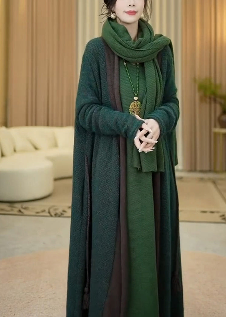 Green V Neck Cozy Warm Cotton Knit Long Cardigans Winter Rf031