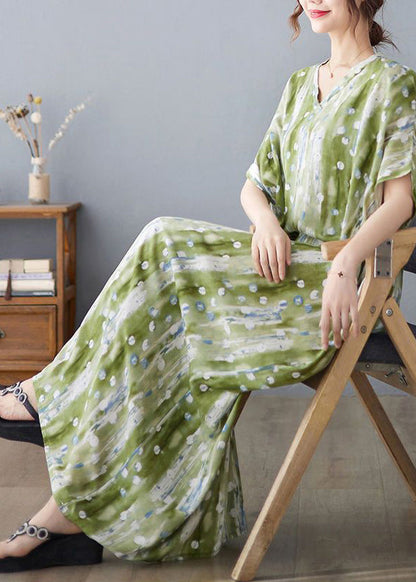 Green V Neck Print Linen Long Dress Summer Ly0915