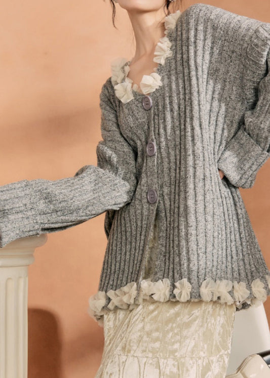 Grey Button Tulle Patchwork Cotton Knit Cardigan Winter Wn006