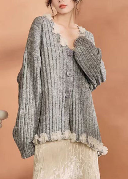 Grey Button Tulle Patchwork Cotton Knit Cardigan Winter Wn006