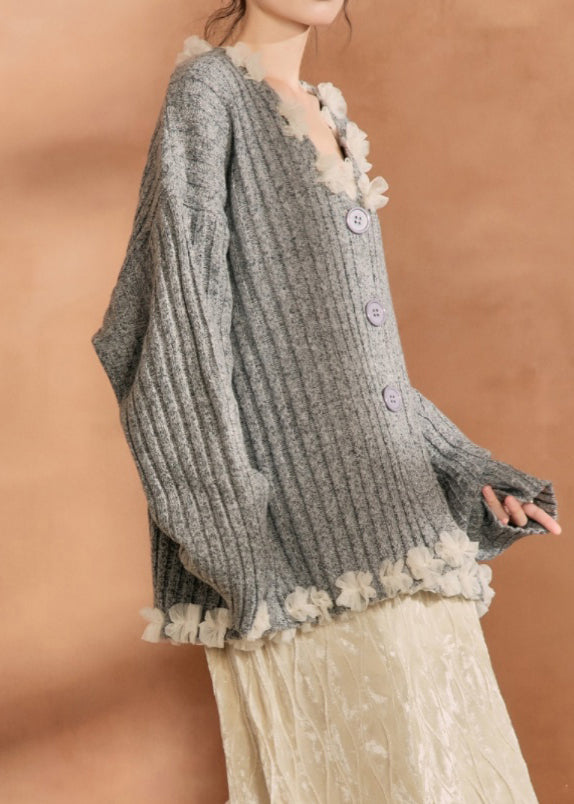 Grey Button Tulle Patchwork Cotton Knit Cardigan Winter Wn006