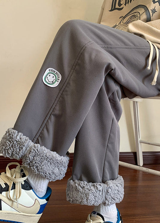 Grey Elastic Waist Thick Fleece Wool Lined Pants Winter Rm025