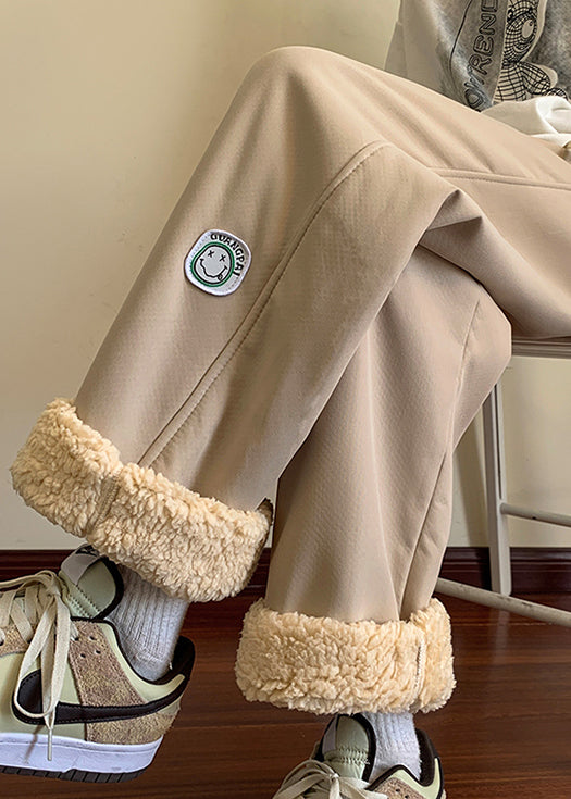 Grey Elastic Waist Thick Fleece Wool Lined Pants Winter Rm025