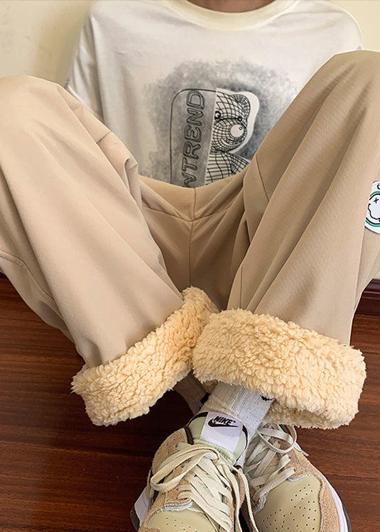 Grey Elastic Waist Thick Fleece Wool Lined Pants Winter Rm025