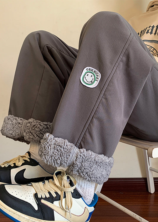 Grey Elastic Waist Thick Fleece Wool Lined Pants Winter Rm025