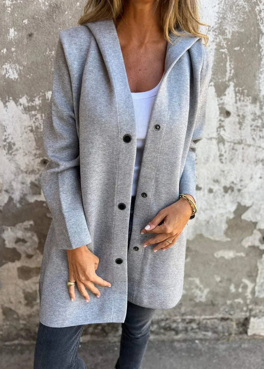 Grey Hooded Button Pockets Cotton Coat Fall Qy025