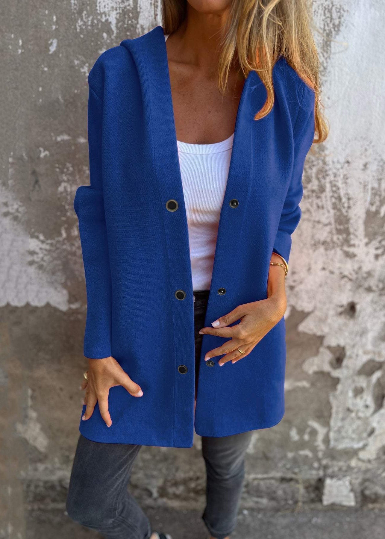 Grey Hooded Button Pockets Cotton Coat Fall Qy025
