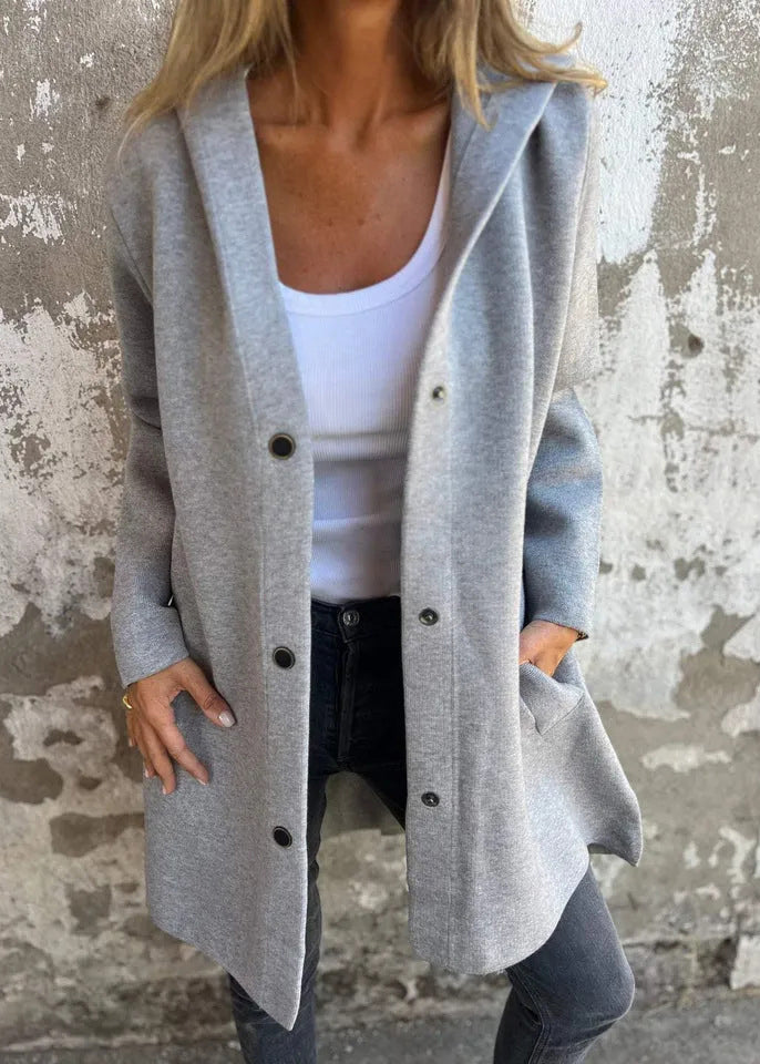 Grey Hooded Button Pockets Cotton Coat Fall Qy025