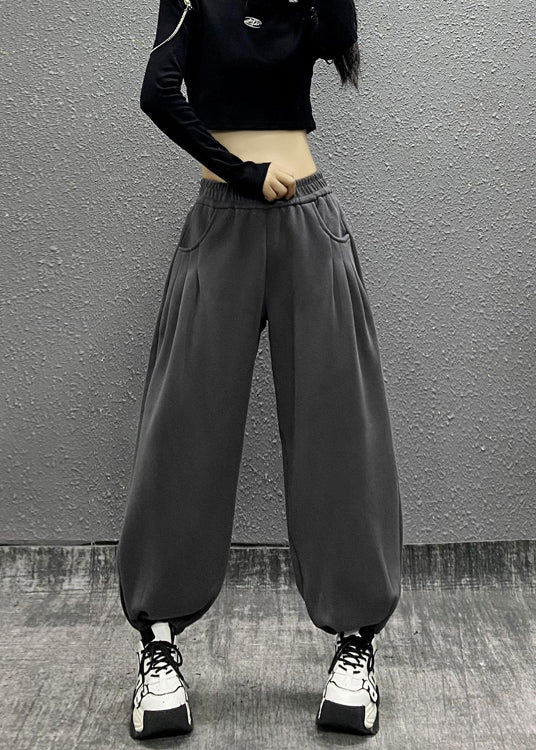 Grey Pockets Elastic Waist Cotton Beam Pants Fall Ri014