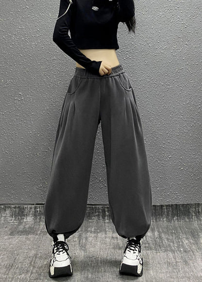 Grey Pockets Elastic Waist Cotton Beam Pants Fall Ri014