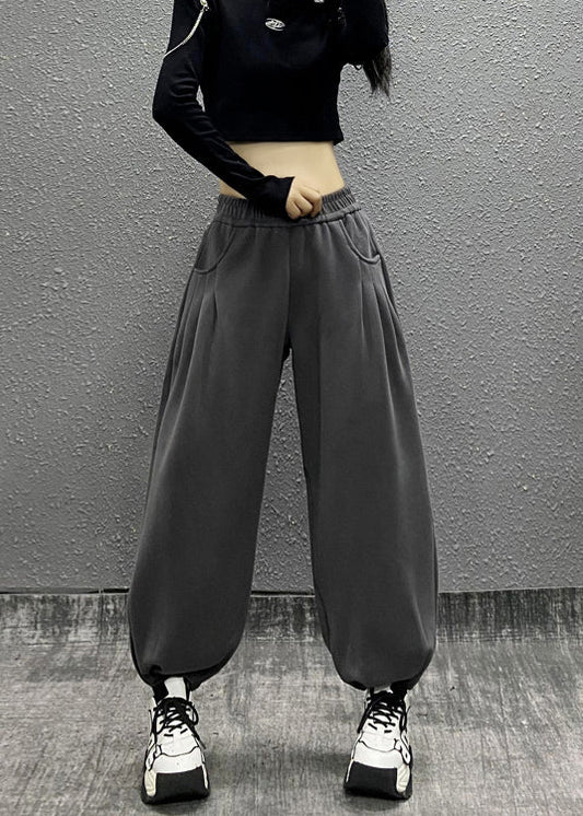 Grey Pockets Elastic Waist Cotton Beam Pants Fall Ri014