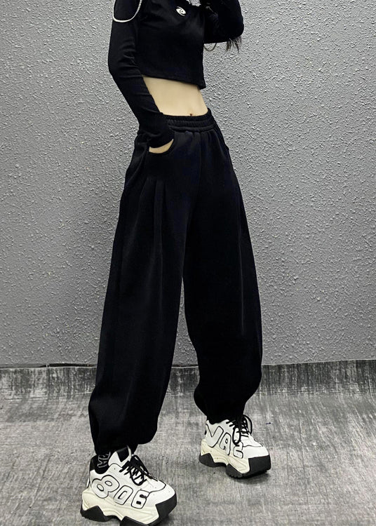 Grey Pockets Elastic Waist Cotton Beam Pants Fall Ri014