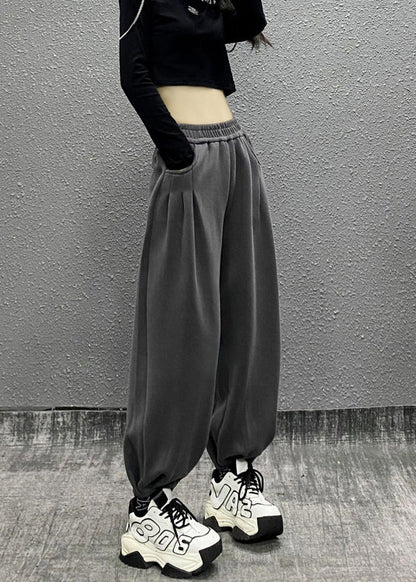 Grey Pockets Elastic Waist Cotton Beam Pants Fall Ri014