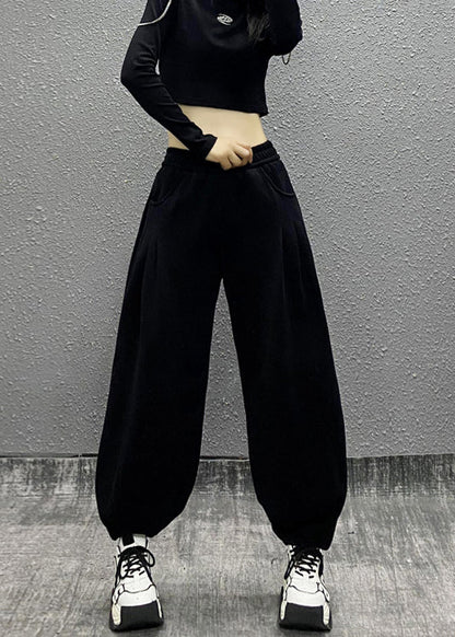Grey Pockets Elastic Waist Cotton Beam Pants Fall Ri014