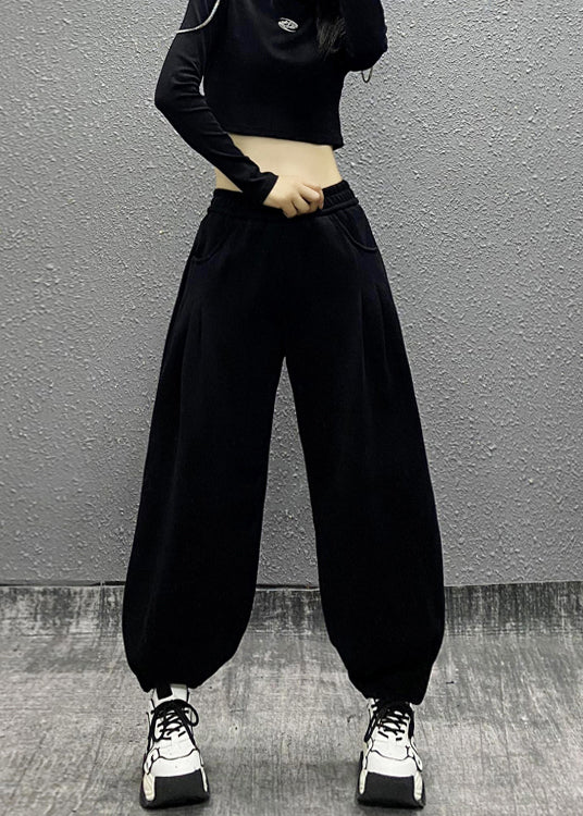 Grey Pockets Elastic Waist Cotton Beam Pants Fall Ri014