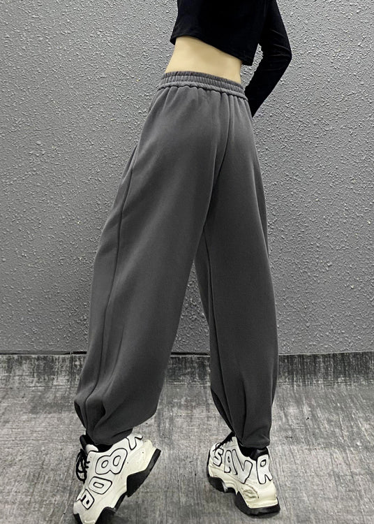 Grey Pockets Elastic Waist Cotton Beam Pants Fall Ri014