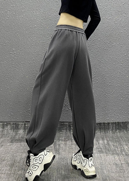 Grey Pockets Elastic Waist Cotton Beam Pants Fall Ri014