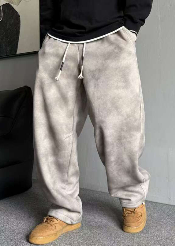 Grey Pockets Elastic Waist Warm Fleece Pants Spring Rm035
