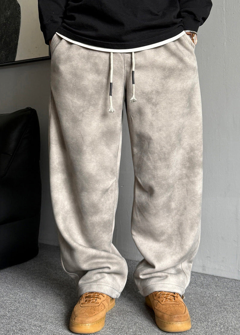 Grey Pockets Elastic Waist Warm Fleece Pants Spring Rm035