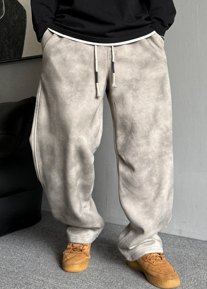 Grey Pockets Elastic Waist Warm Fleece Pants Spring Rm035