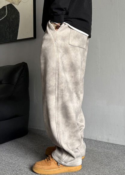 Grey Pockets Elastic Waist Warm Fleece Pants Spring Rm035