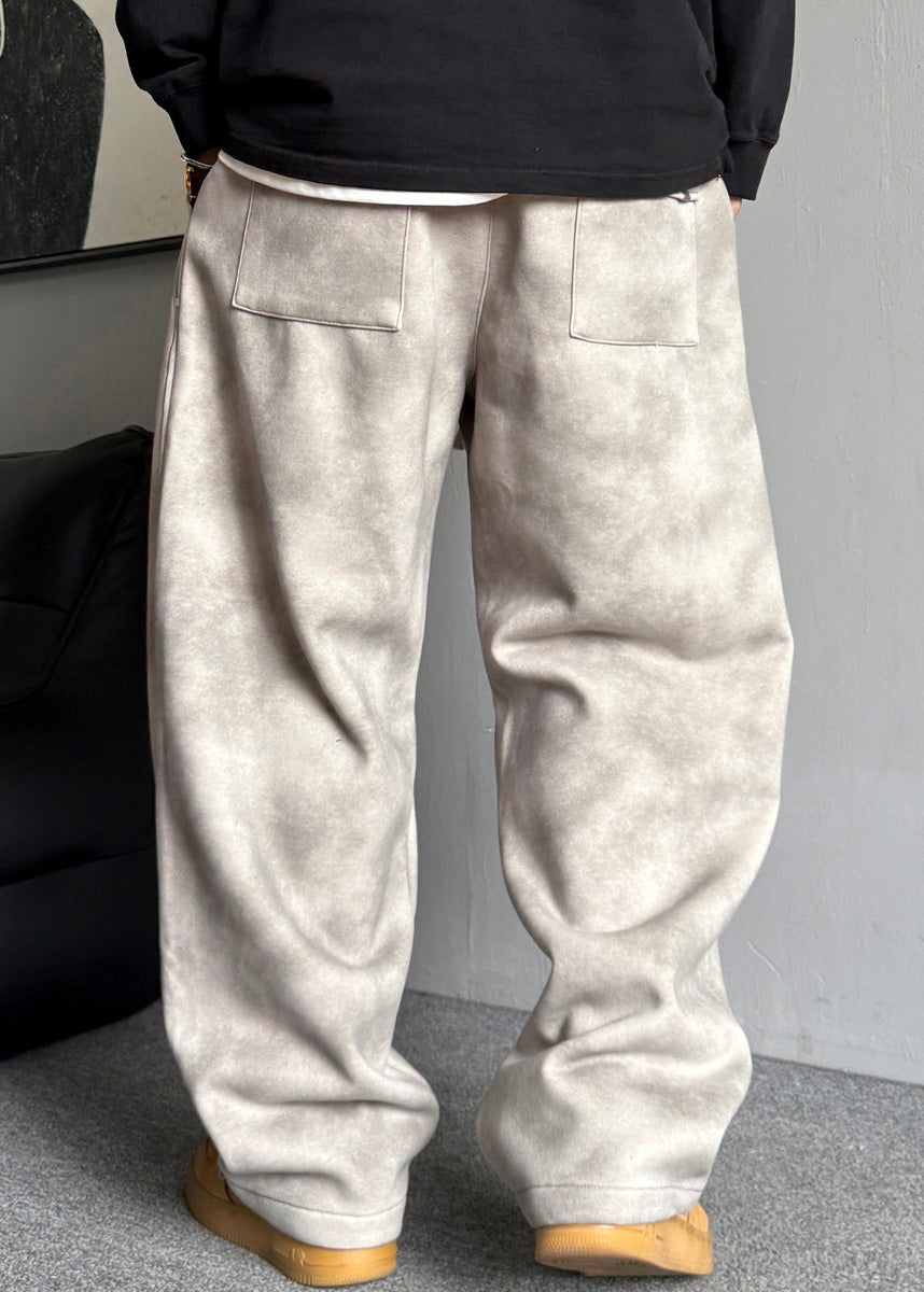 Grey Pockets Elastic Waist Warm Fleece Pants Spring Rm035