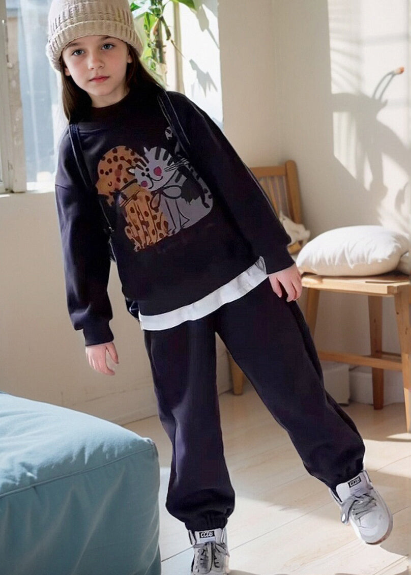 Grey Print Warm Fleece Sweatshirt and Lantern Pants Two Piece Set Spring Tr015
