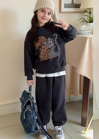 Grey Print Warm Fleece Sweatshirt and Lantern Pants Two Piece Set Spring Tr015