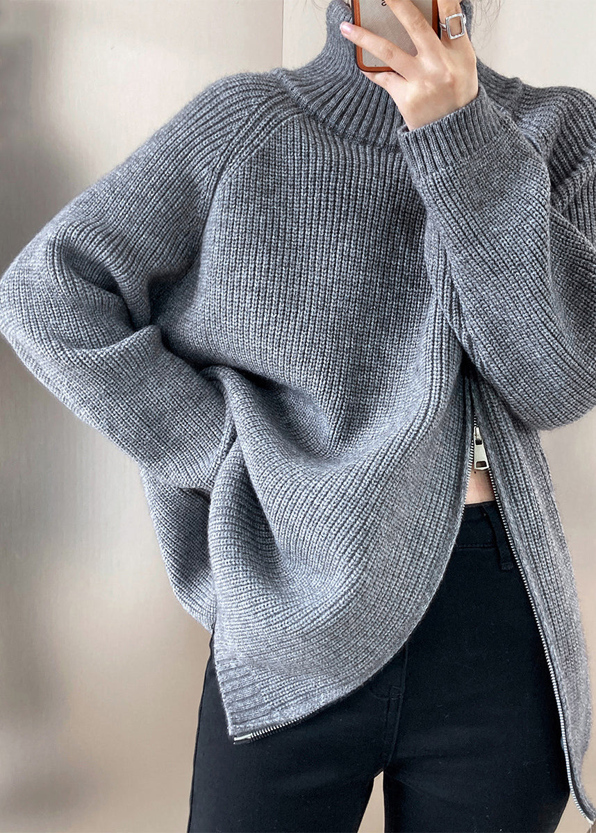 Grey Turtleneck Thick Cotton Knit Sweaters Fall Qe073