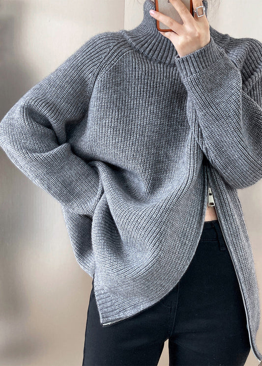 Grey Turtleneck Thick Cotton Knit Sweaters Fall Qe073