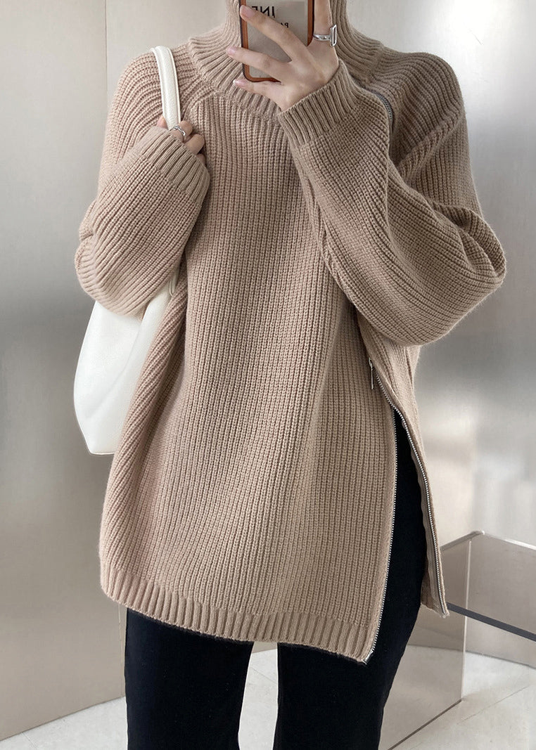 Grey Turtleneck Thick Cotton Knit Sweaters Fall Qe073