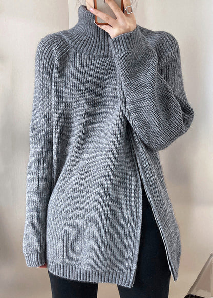 Grey Turtleneck Thick Cotton Knit Sweaters Fall Qe073